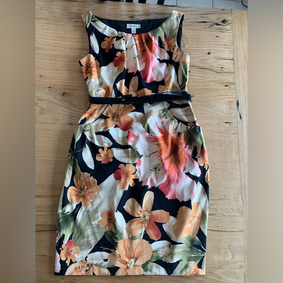 Dressbarn Watercolor Floral Belted Dress Sleeveless Women’s 12 Black Rust Prelov - Picture 1 of 6